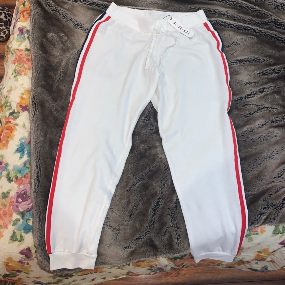 Olive + Oak white joggers with side stripes